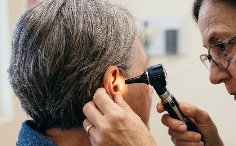 Doctor looks into ear cropped NanoBanana